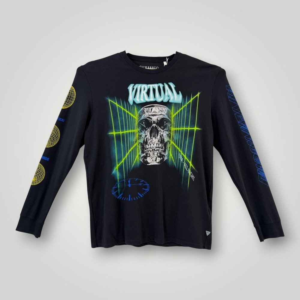 GUESS VR Skull Graphic Tee Mens L Black Organic Cotton Streetwear NWT